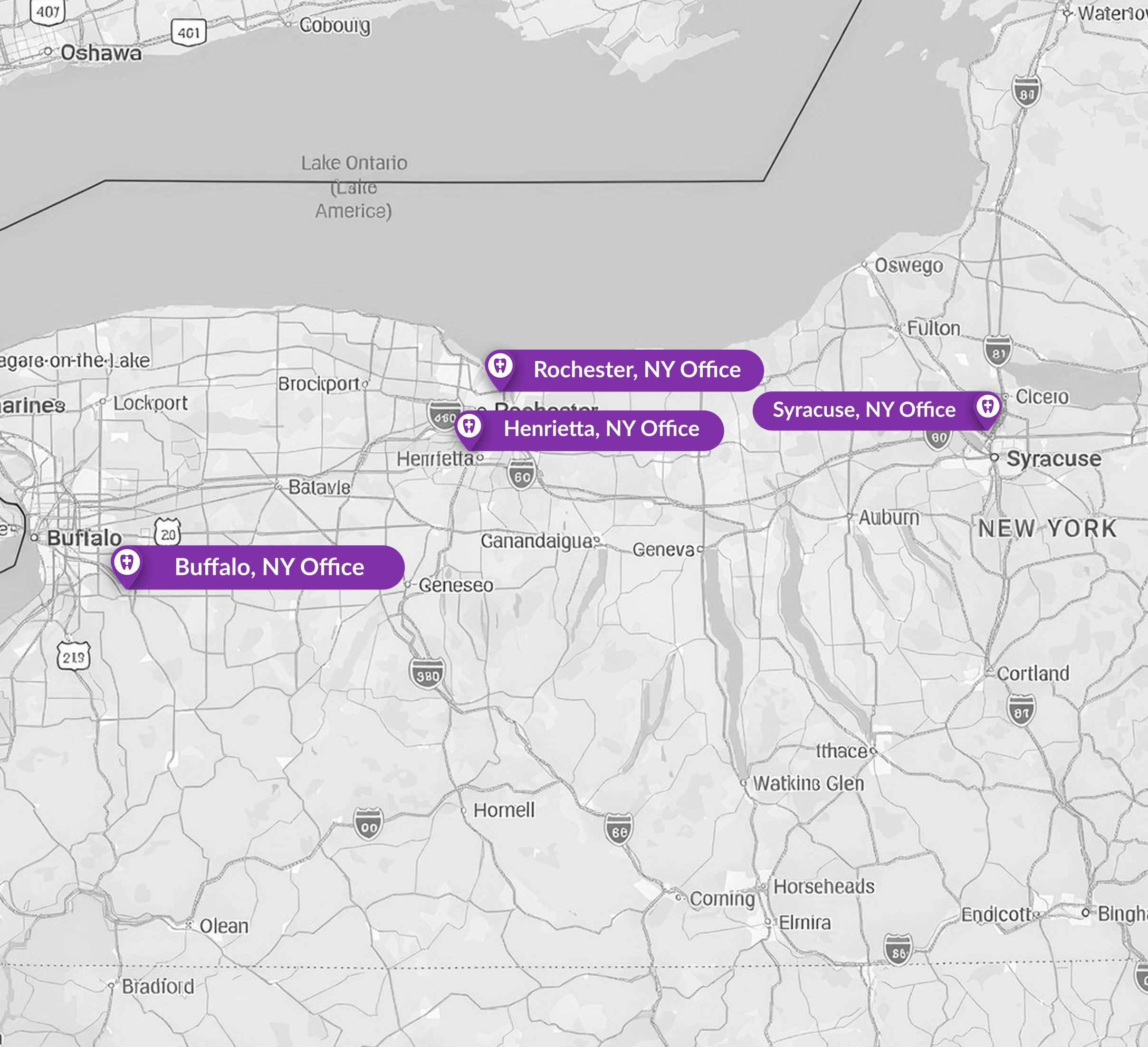 Map of New York state showing Urgent Dental Care locations in Buffalo, Rochester, Henrietta, and Syracuse