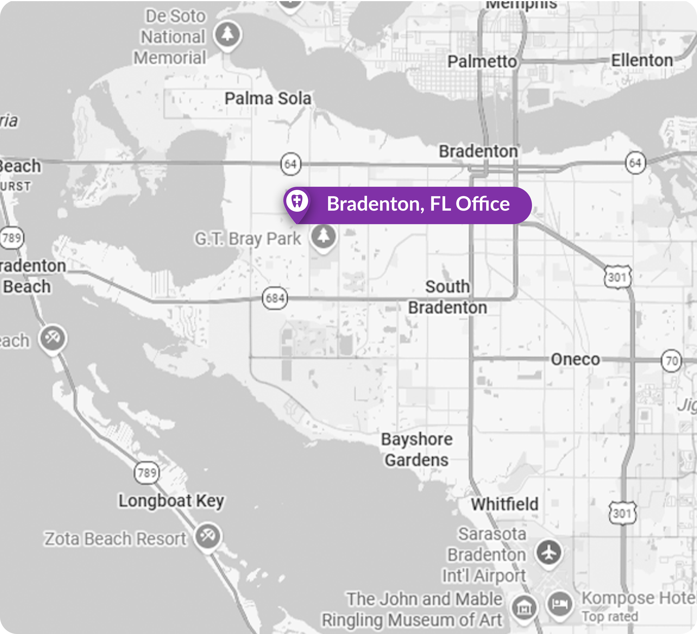 Map of Florida showing Urgent Dental Care's Bradenton, FL office location marked with a purple pin