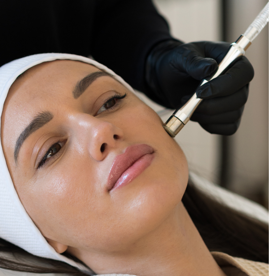 Clinician using a handheld laser device on patient's cheek during skin laser treatment