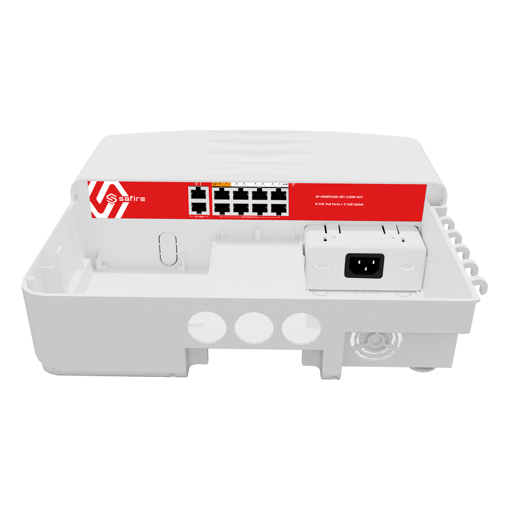 Switch PoE+ Safire SF-SW8FE2GE-2BT-120W-OUT 8 Portas Fast Ethernet PoE+ (2 Hi-PoE 60W) + 2 Uplink Gigabit, 120W, Exterior
