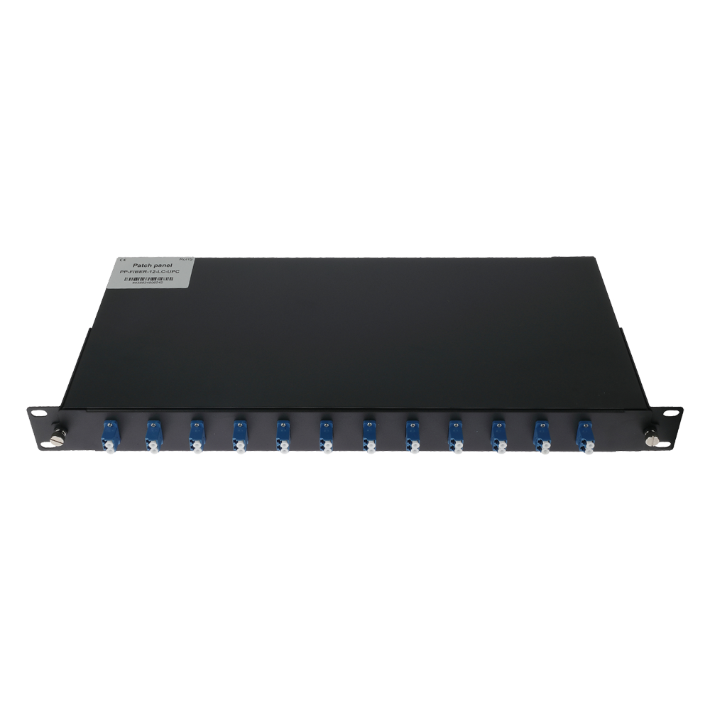 Painel de Patch de Fibra Ótica lojaCCTV PP-FIBER-12-LC-UPC 1U para Rack 19" com 12 Adaptadores LC Dúplex UPC, Bandeja de Fusão Integrada, Preto (Sem Pigtails)