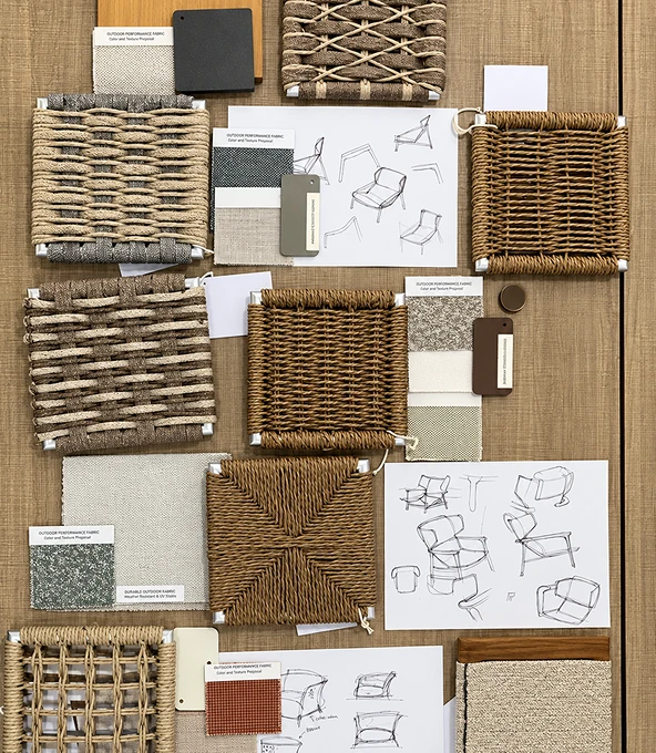 Rope and wicker weave samples on the material board