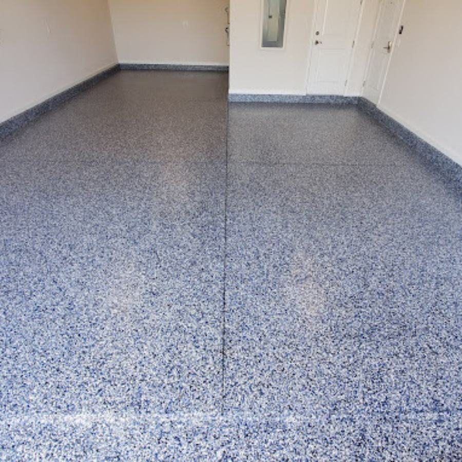 The same garage after Apex installed a blue flake floor