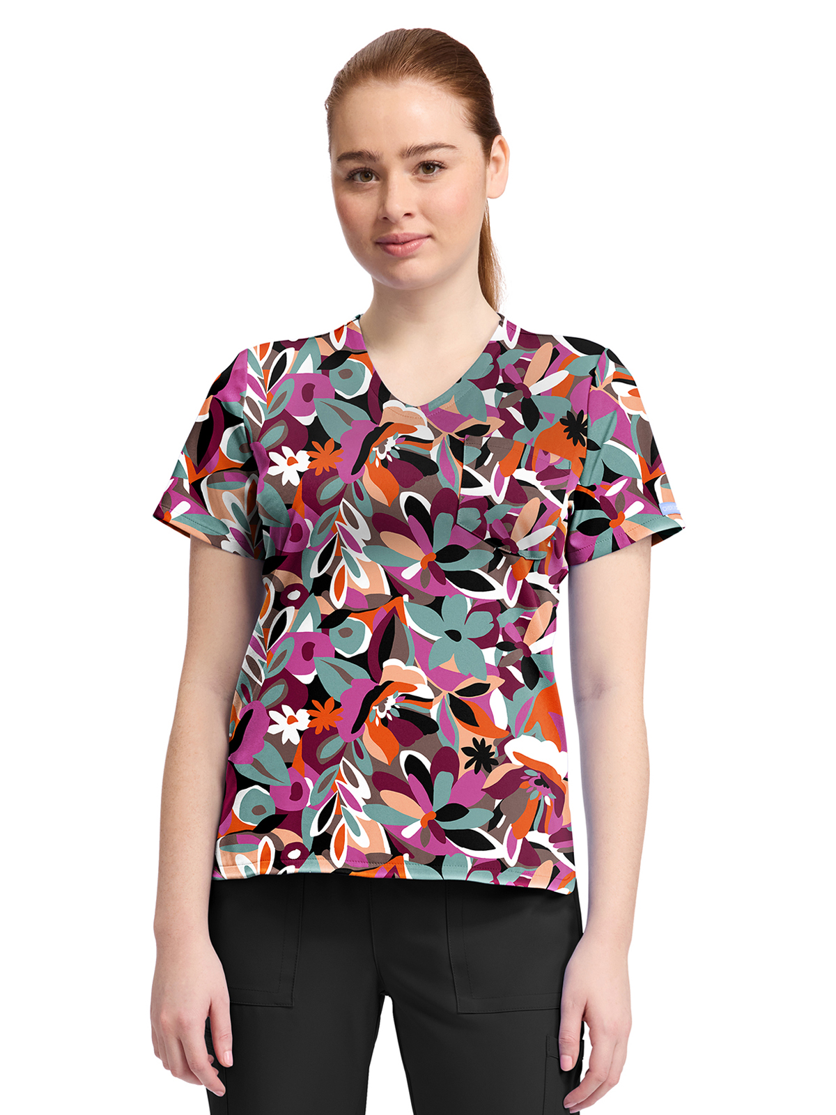 Cherokee - Genuine - Women's 1-Pocket Print High-Low V-Neck Scrub Top