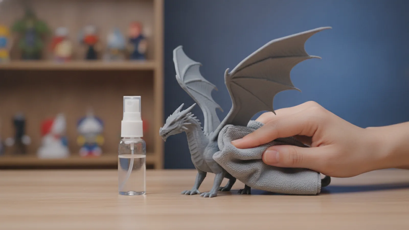 Mão limpando com cuidado um dragão em miniatura cinza, feito em impressão 3D, sobre uma superfície de madeira.