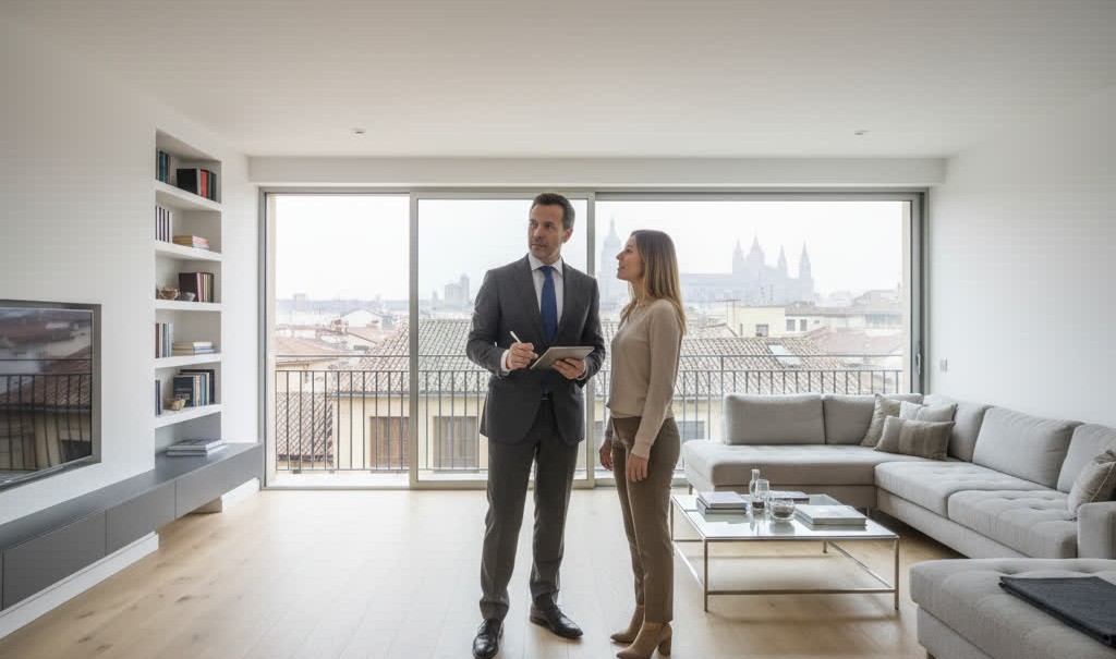 Agente inmobiliario de Pisolid mostrando datos de mercado de viviendas en Valladolid