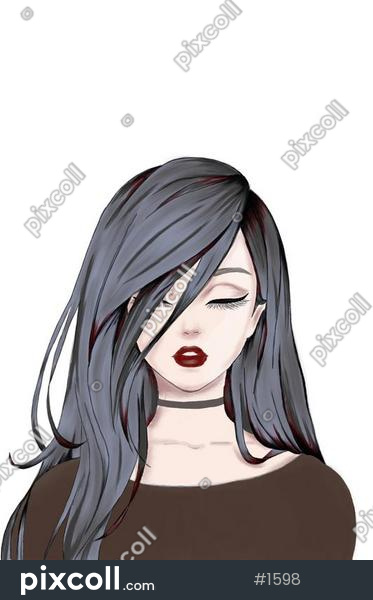 Beautiful Woman With Red Lips And Gray Hair Fashion Sketch