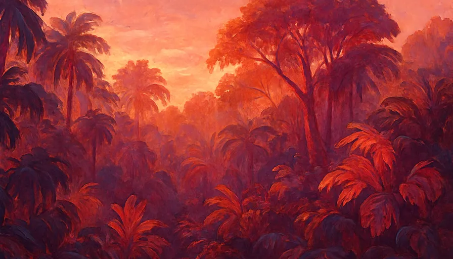Imagine a wide cinematic landscape where the lush tropical rainforest canopy unfurls in a surreal dance of colors, its vibrant foliage bathing in the soft glow of a setting sun. The air is thick with emotion, evoking a sense of wonder and serenity as warm blush tones mingle with rich earthy hues, creating an intoxicating atmosphere. Sunlight filters through the leaves in an ethereal cascade, illuminating the textures of bark and foliage with a warm, rosy blush, while deep mahogany shadows cradle the undergrowth. This abstract material study invites you to lose yourself in the intricate layers of light and depth, where every surface pulses with life and intention, evoking a vibrant heartbeat within the tranquil embrace of nature. Landscape.