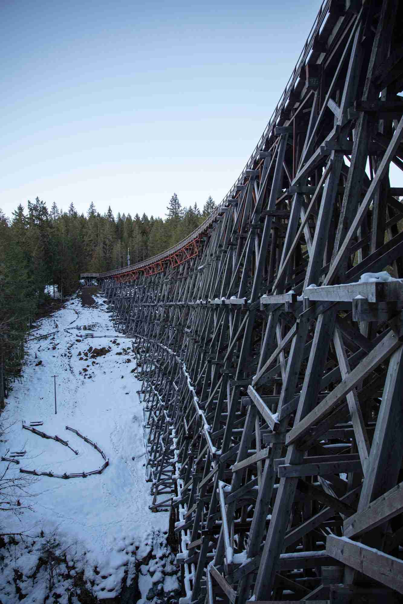 A wooden railway trestle located on Vancouver Island north of Shawnigan Lake in the Canadian Province of British Columbia. It provides a spectacular crossing of the Koksilah River.