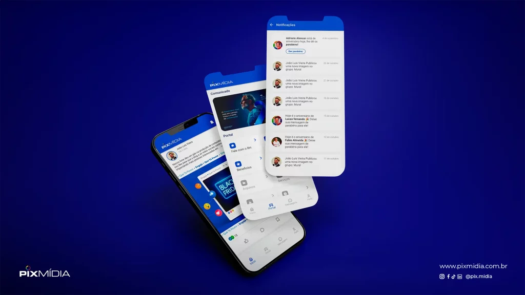 Imagem de três smartphones exibindo a interface do aplicativo da Pix Midia, o ImidiaApp, em fundo azul, promovendo comunicação corporativa.