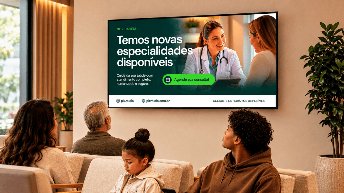 Software de mídia indoor instalado em TV na sala de espera para informar pacientes