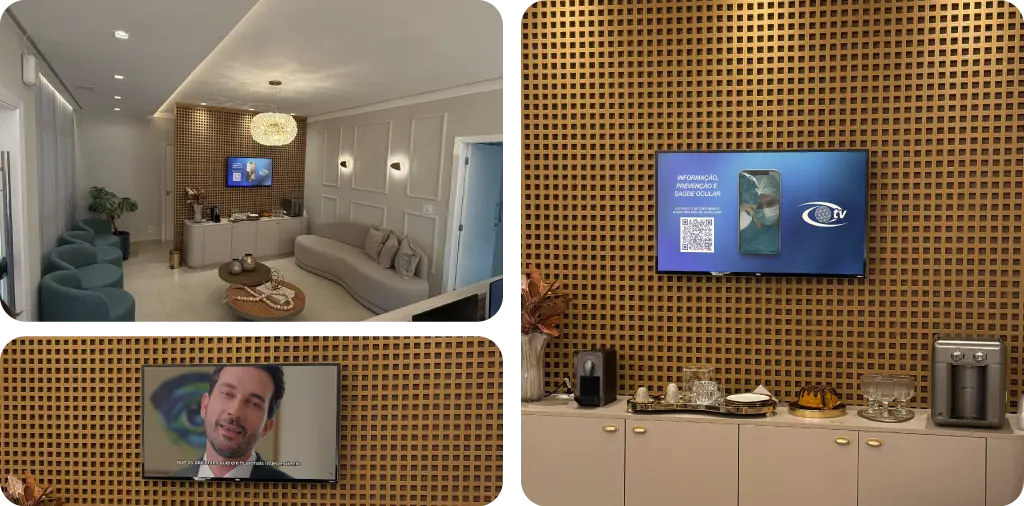 TVs de midia indoor exibem conteúdos de saúde na recepção da clínica