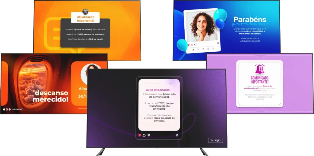 Diferentes tipos de comunicados internos são exibidos em mockups de TV corporativa