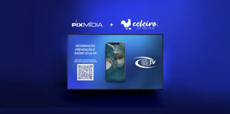 TV de mídia indoor exibindo um material sobre saúde ocular