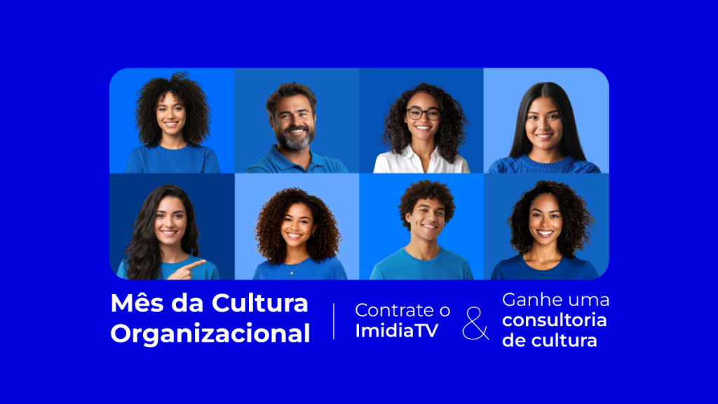 Mosaico de diferentes colaboradores em peça de divulgação da campanha promocional Mês da Cultura Organizacional da Pix Mídia