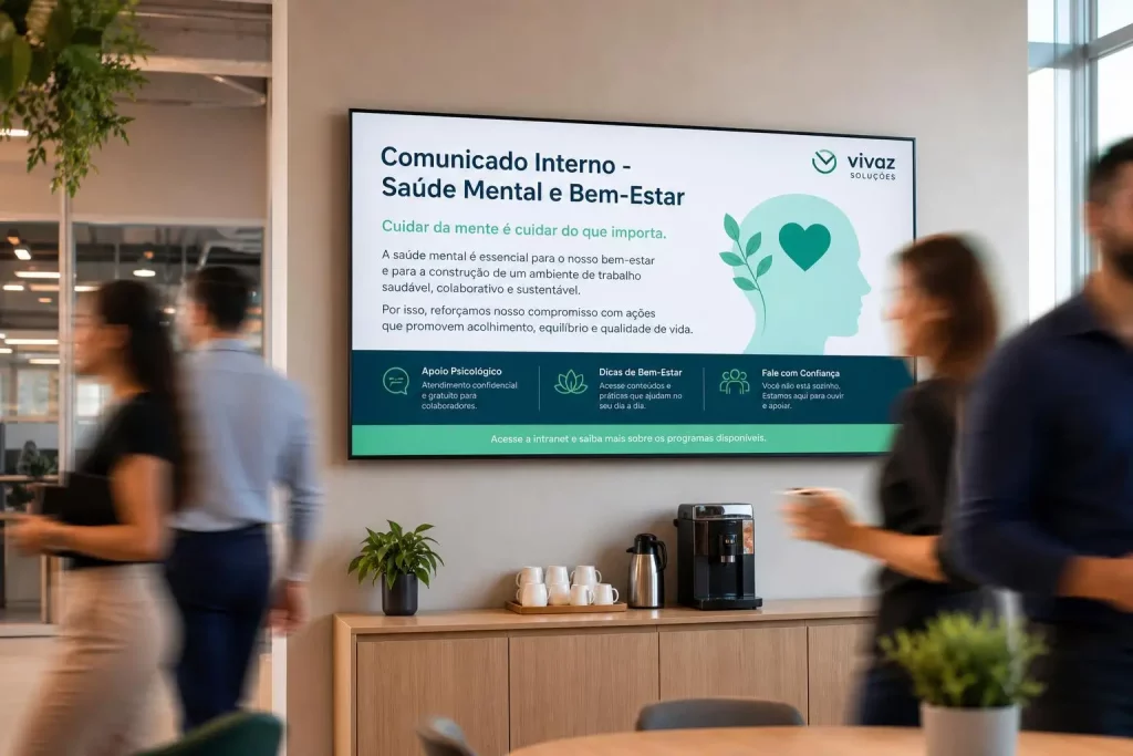 TV corporativa exibe conteúdo sobre a NR-1 em ambiente de trabalho