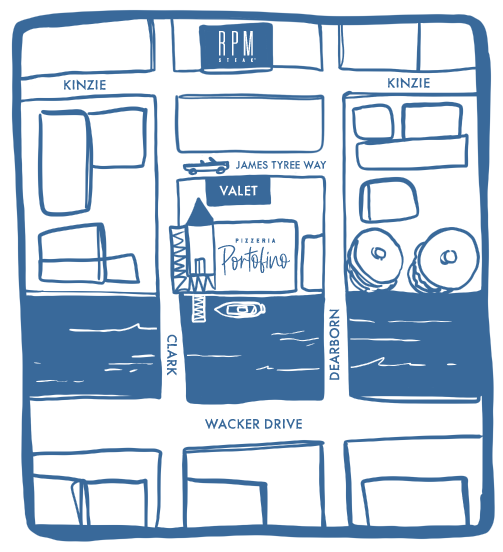 map of the Pizzeria Portofino showing the valet stand on James Tyree Way and the entrance on Clark street near the river. Wacker drive is South, Kinzie Street and RPM Steak are North