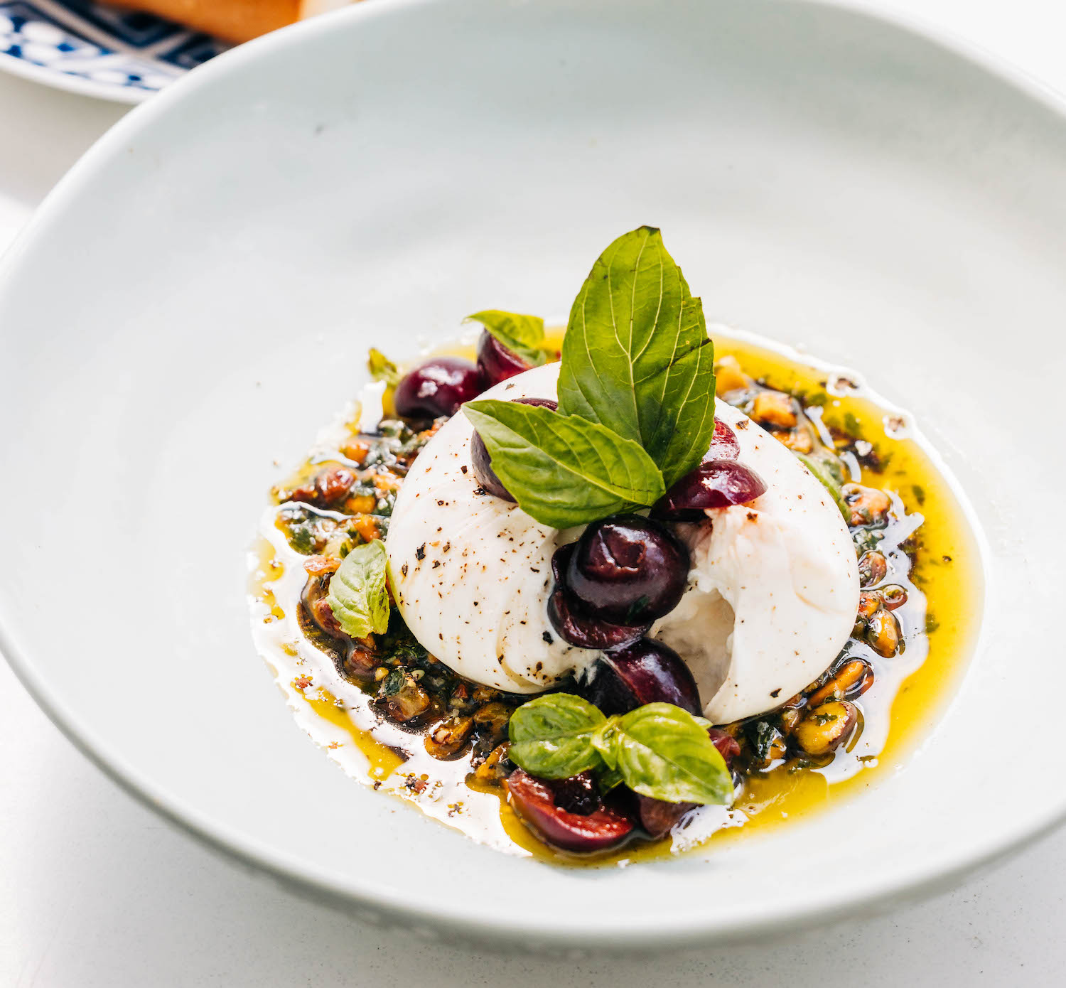 Imported Burrata & Local Cherries-Pistachio Pesto, and Aged Balsamic