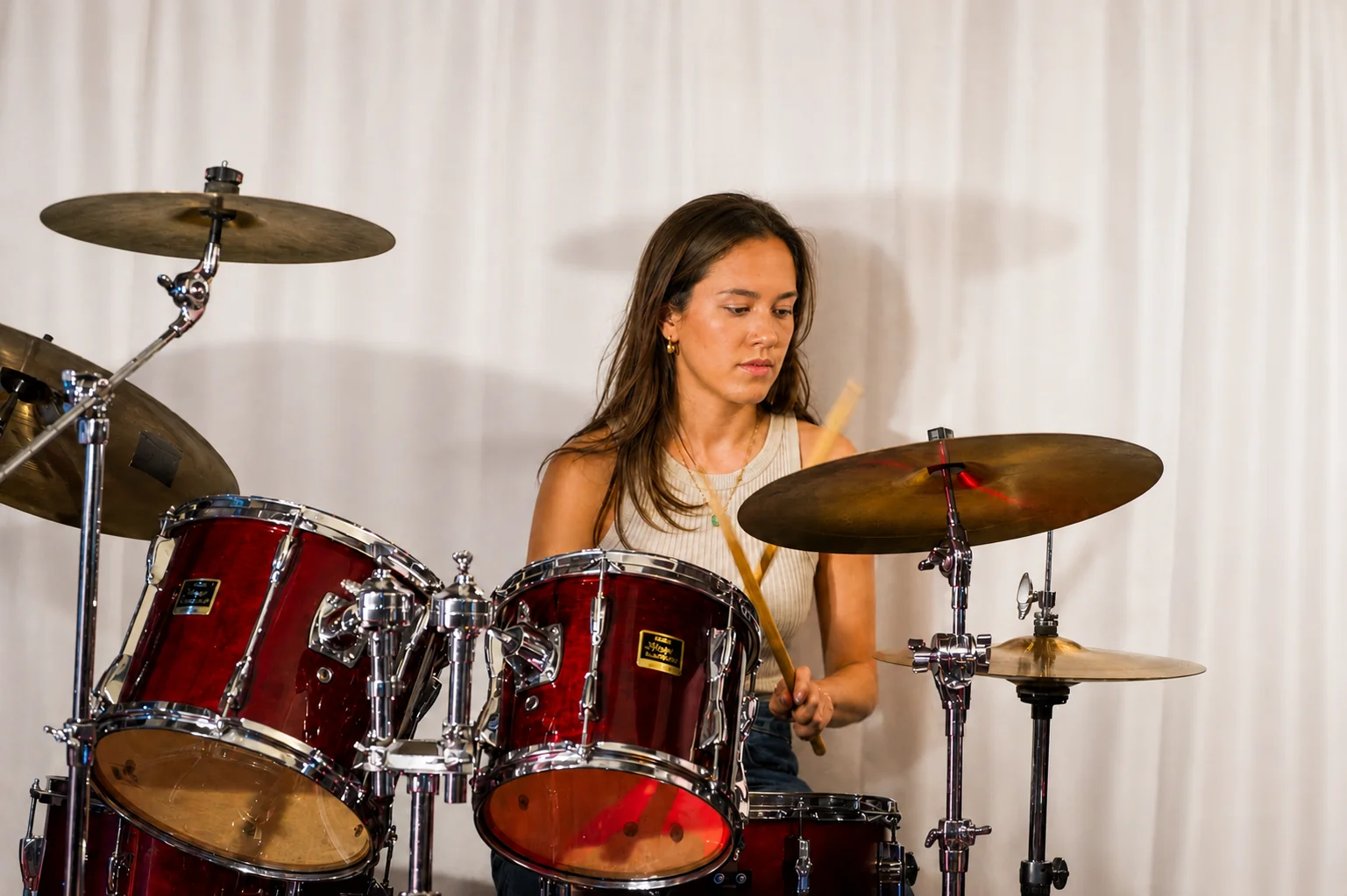 Drum lessons in London at Planet drum's Islington studio, student playing with their tutor