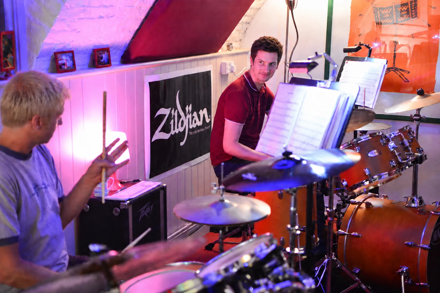 One-to-one drum lesson at Planet drum with teacher and student