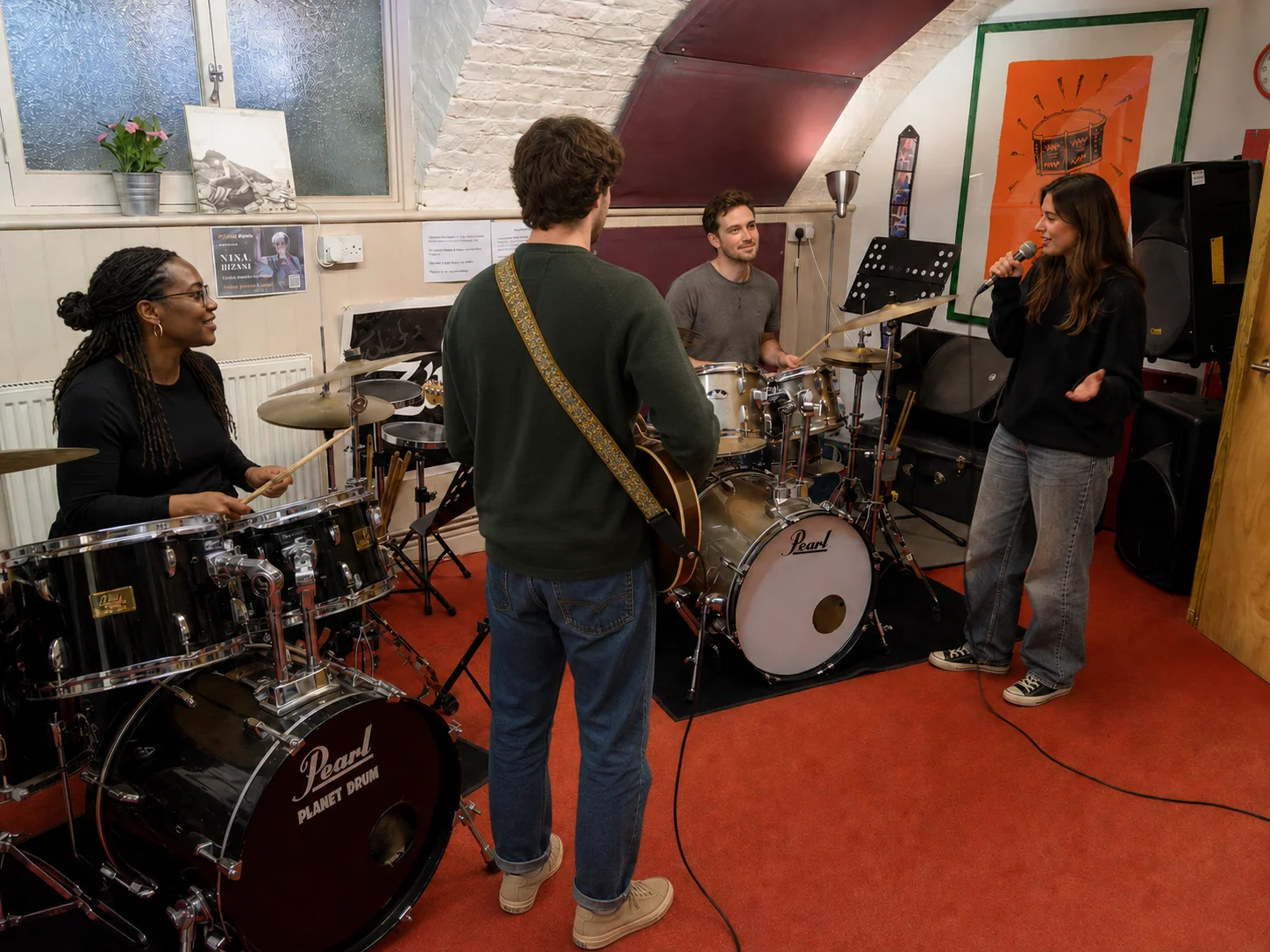 Planet drum students playing together in one of our studios