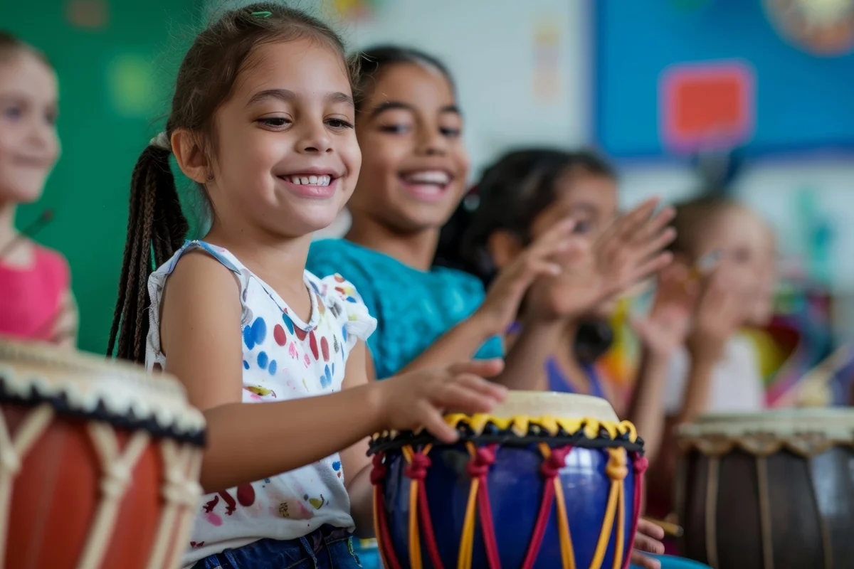 Children playing djembe drums together in a school workshop