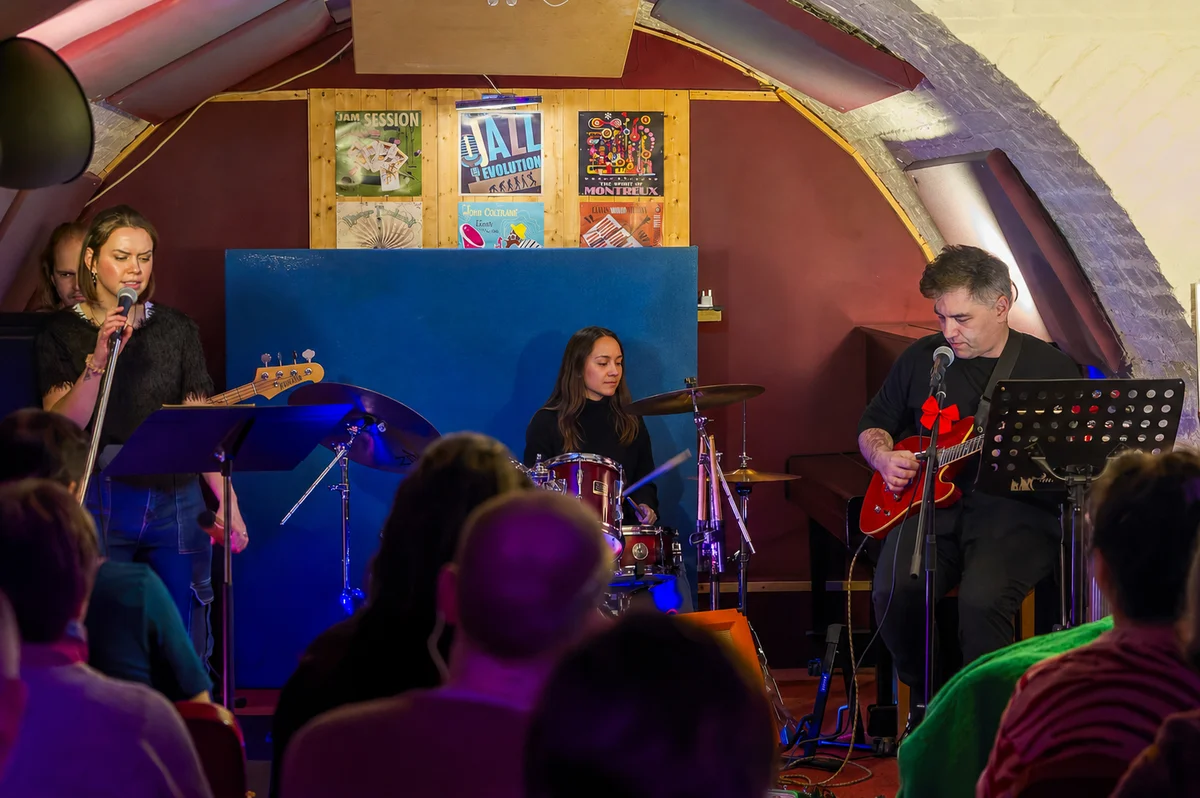 The Planet drum house band on stage: tutors rehearsing to back you up