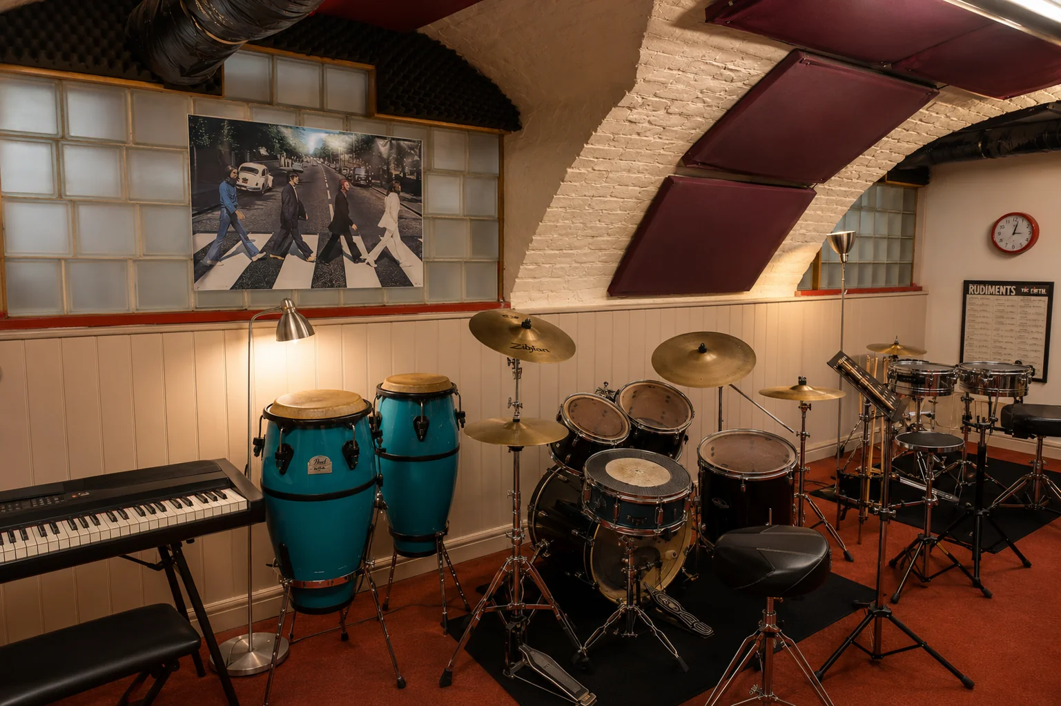 Twin drum kit setup in a Planet drum teaching room used for one-to-one drum lessons London