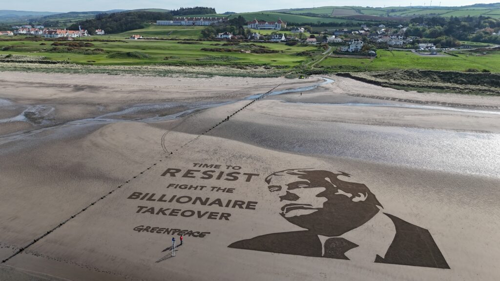 Huge protest artwork appears by Trump’s Scottish golf course A giant sand painting on the beach next to Donald Trump's goldcourse in Scotland reads: Time to resist the billionaire takeover with a likeness of Trump