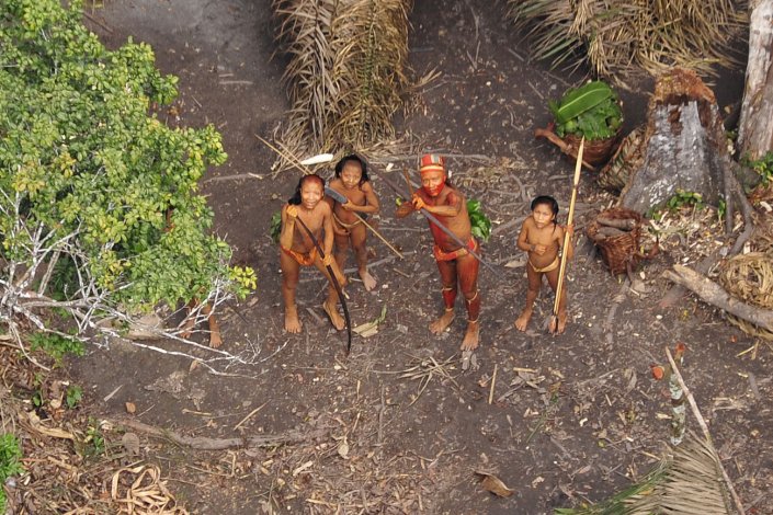 Grupo de indígenas isolados sente-se ameaçado diante de avião que sobrevoa acampamento feito por eles na floresta Amazônica