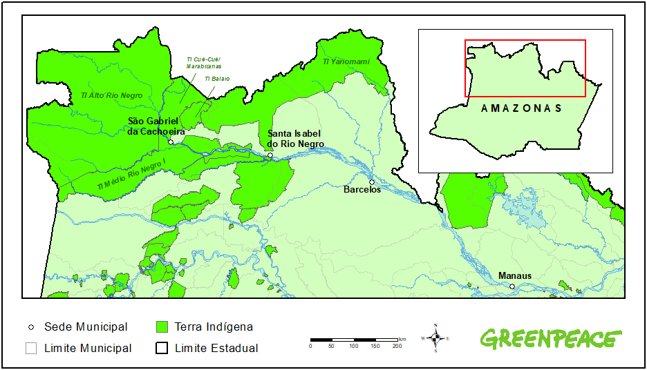 Mapa mostra São Gabriel da Cachoeira, na região conhecida como “Cabeça do Cachorro” devido ao seu formato no mapa brasileiro, que lembra a cabeça do animal