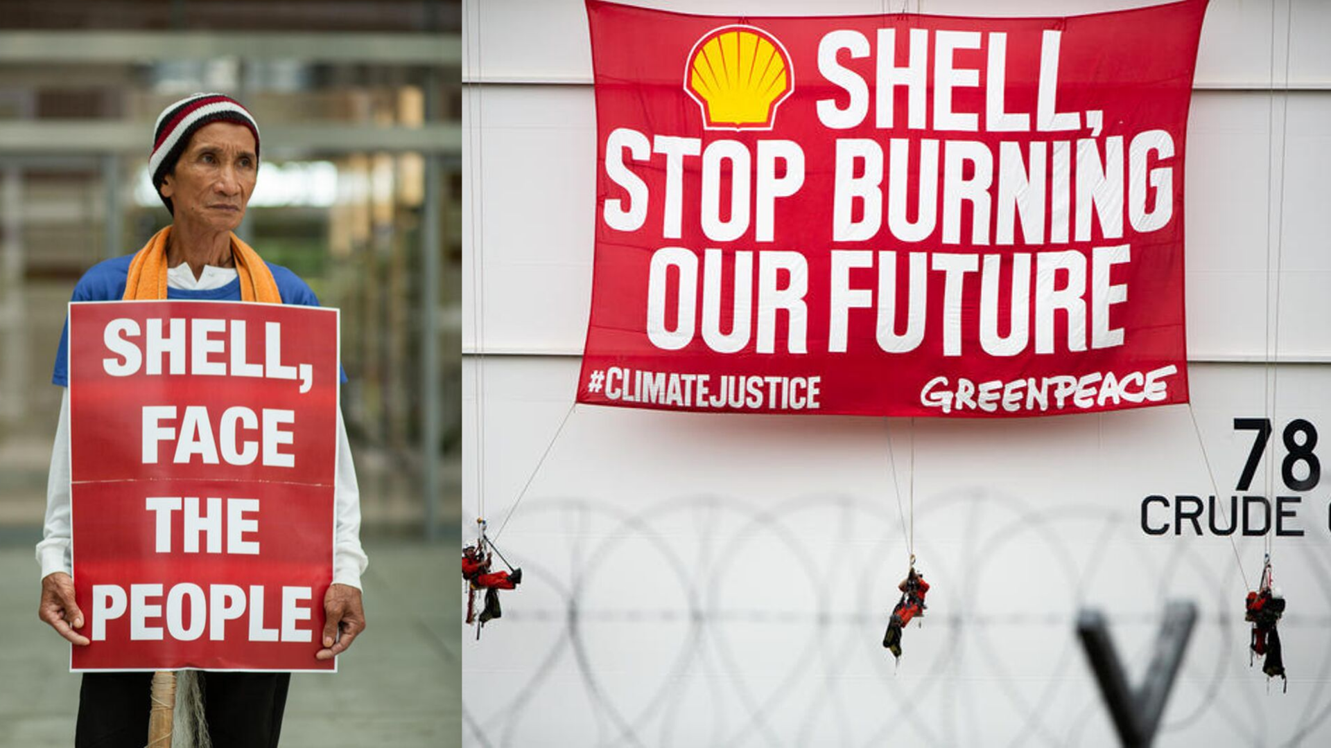 (L) Fred De la Cruz, fisherman from the climate impacted community in Bataan protests in front of Shell’s Manila HQ. (R) Activist Batangas refinery of fossil fuel giant Shell, South of Manila.
