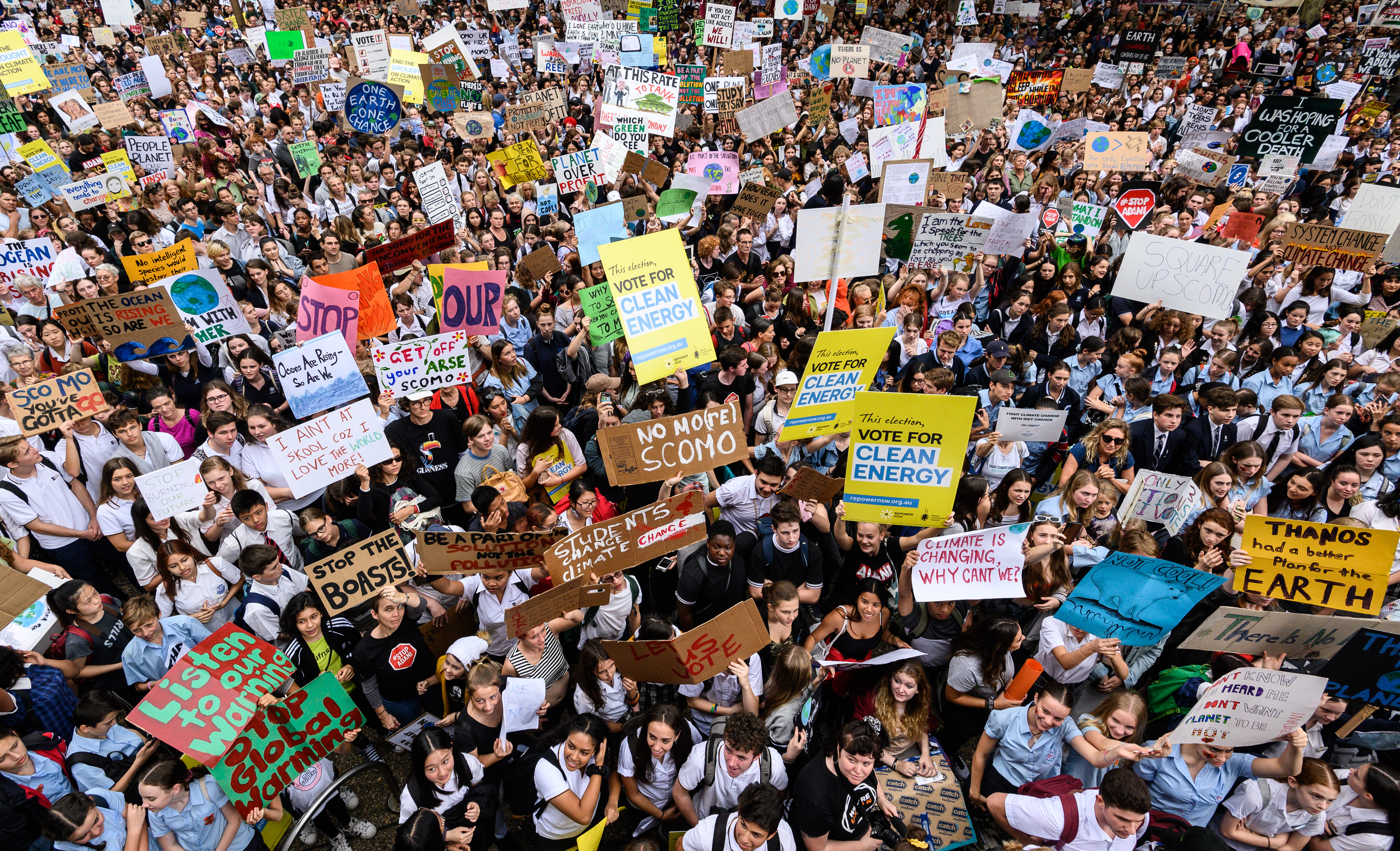 SYDNEY, AUSTRALIA - MARCH 15: Protesters during a Climate Change Awareness March on March 15, 2019 outside Sydney Town Hall, Australia. The protests are part of a global climate strike, urging politicians to take urgent action on climate change. James Gourley/Getty Images