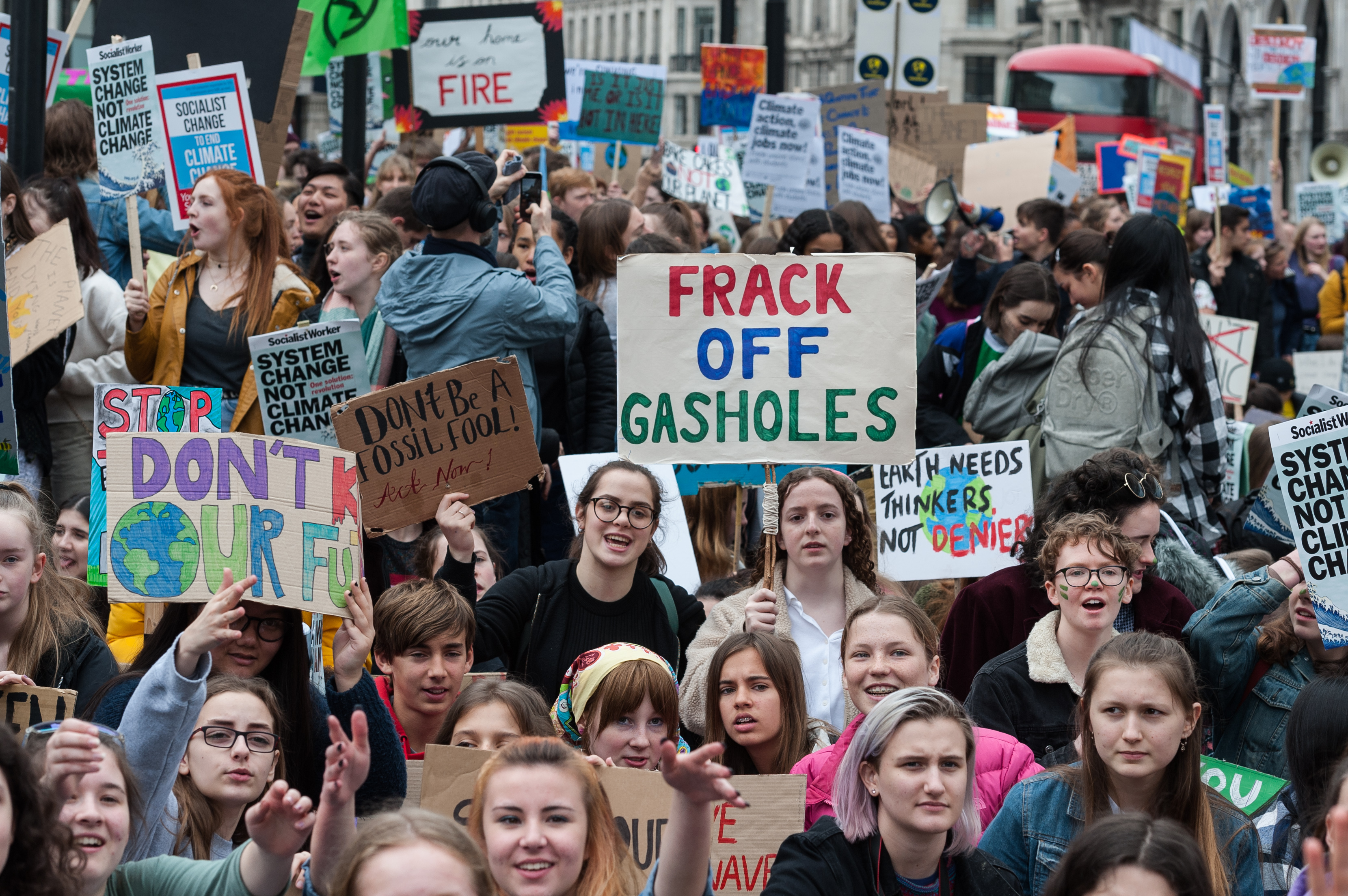 Thousands of youth strikers gather in Regent Street as they take part in a protest march against the governments lack of action on the climate change and destruction of the environment on 12 April, 2019 in London, England. The 3rd UK-wide youth strike is part of a global FridaysForFuture movement inspired by Swedish teenager Greta Thunberg who protests in front of the countrys parliament every Friday since September 2018. WIktor Szymanowicz/NurPhoto via Getty Images