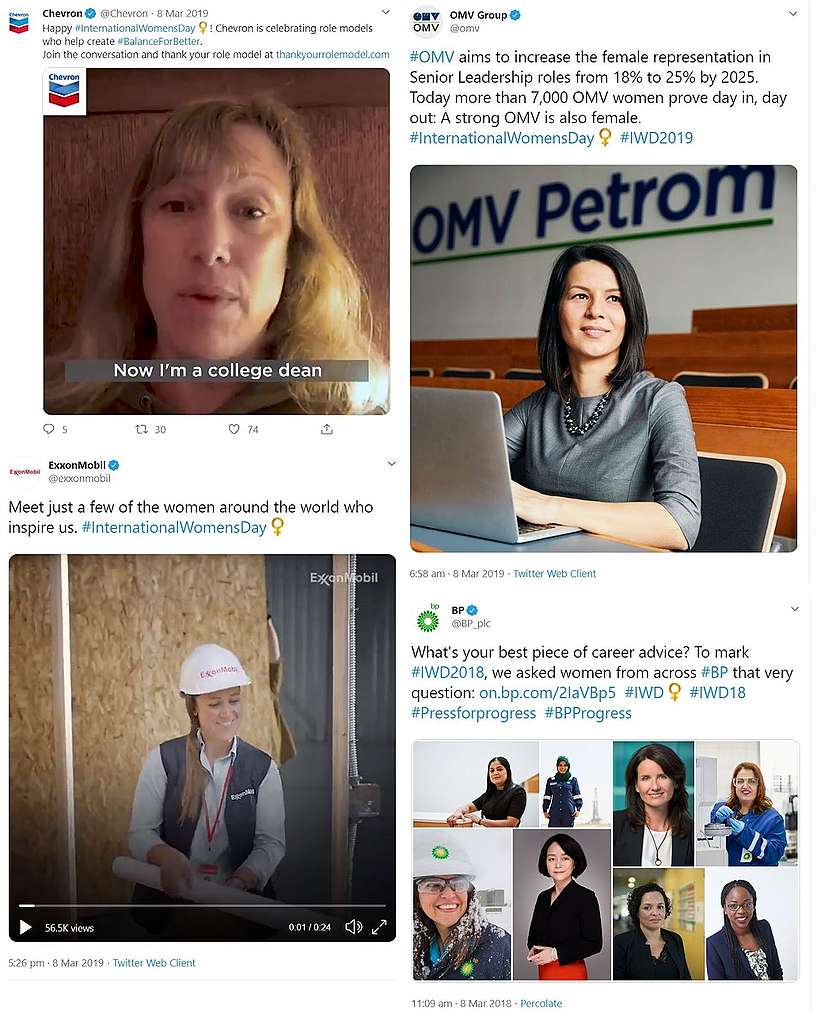 screenshot of genderwashing tweets from Chevron, OMV, Total, Exxon for International Women's Day