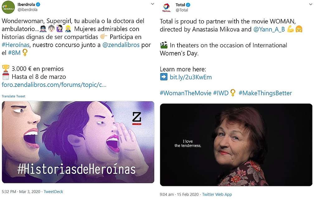 screenshot of two tweets from Total and Iberdola organizing competitions, or sponsor cultural events like film launches for International Women's Day