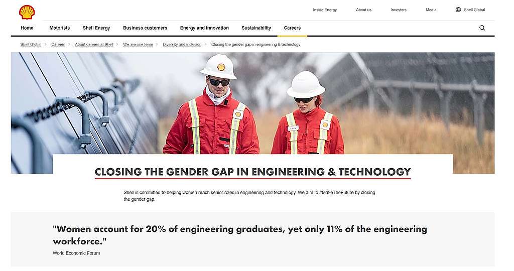 screenshot showing a page from Shell's official website dedicated to "closing the gender gap in engineering and technology"