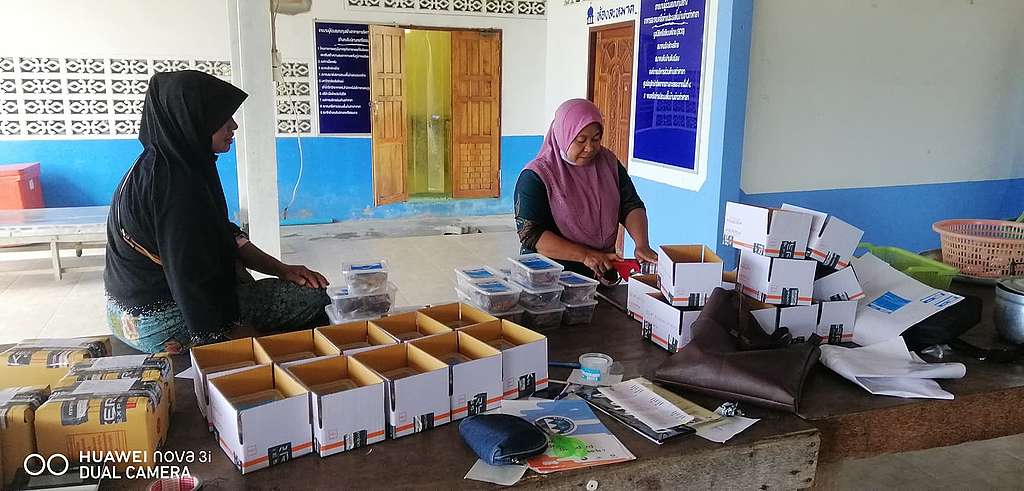 Seafood products getting packed for shipping to care workers