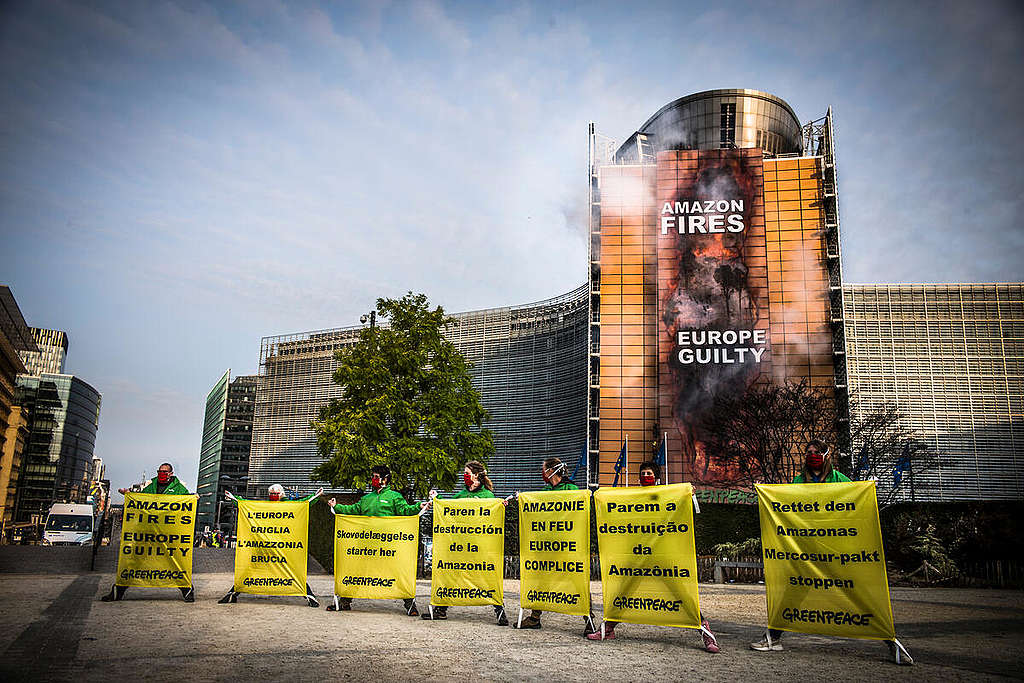 Five activists scaled the 14-storey European Commission headquarters in Brussels to hang a 30m banner revealing the Amazon in flames, with the message: “Amazon fires – Europe guilty”. Credit: © Johanna de Tessières / Greenpeace
