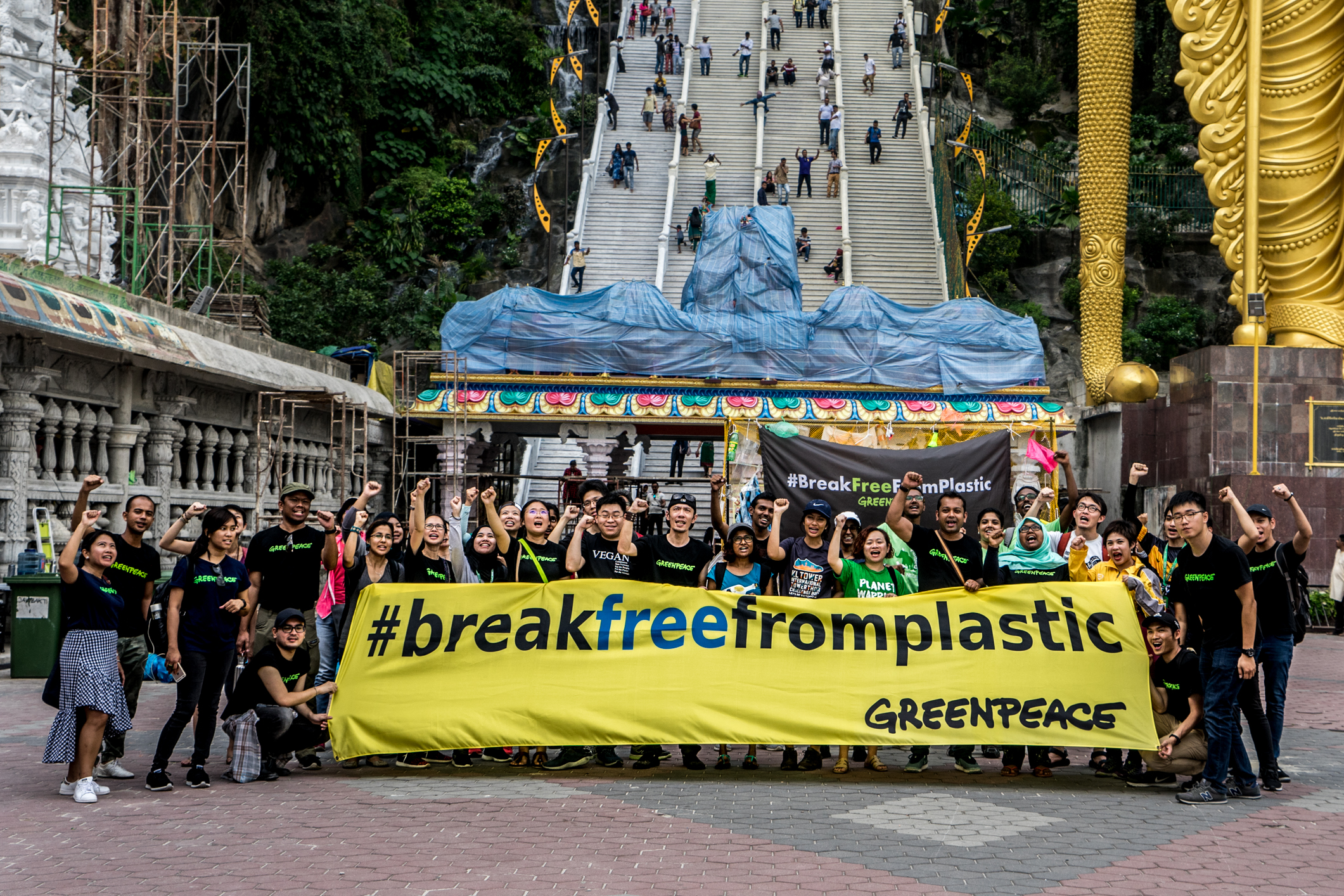 Greenpeace volunteers and supporters hold a waste clean-up at Batu Cave, Malaysia during Earth Day event to show their care to the nature and religious place.<br /> Greenpeace is calling for the people in Malaysia to start reducing the use of single-use plastic.<br /> Batu Caves is a an iconic and popular tourist attraction in Selangor. A site of a Hindu temple and shrine, It also attracts thousands of worshippers and tourists, especially during the annual Hindu festival, Thaipusam -<br />