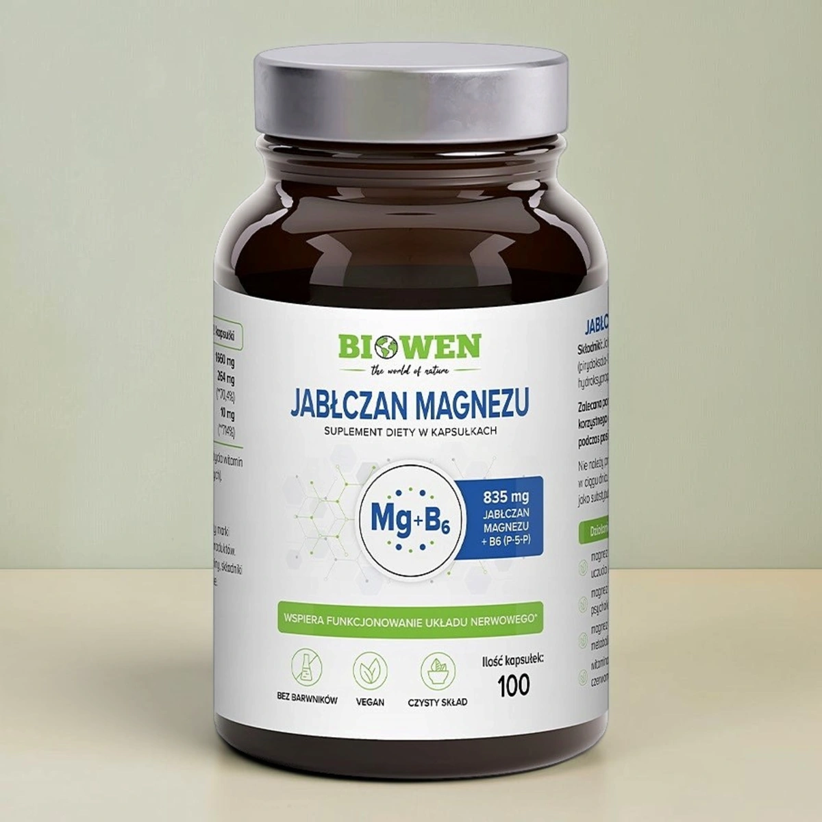 Biowen jabłczan magnezu 835 mg z witaminą B6 (P-5-P) 100 kapsułek