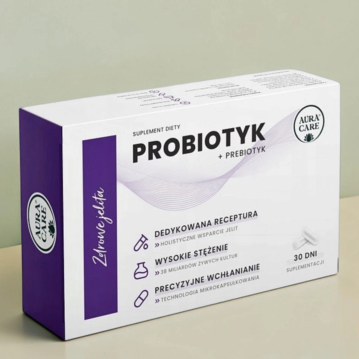 Aura Care probiotyk zdrowe jelita + prebiotyk, żywe probiotyki 38 mld CFU