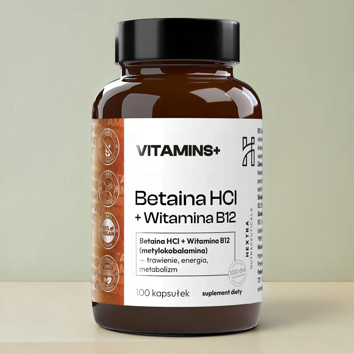 B12 metylokobalamina + Betaina HCL | 100 kapsułek - energia, metabolizm