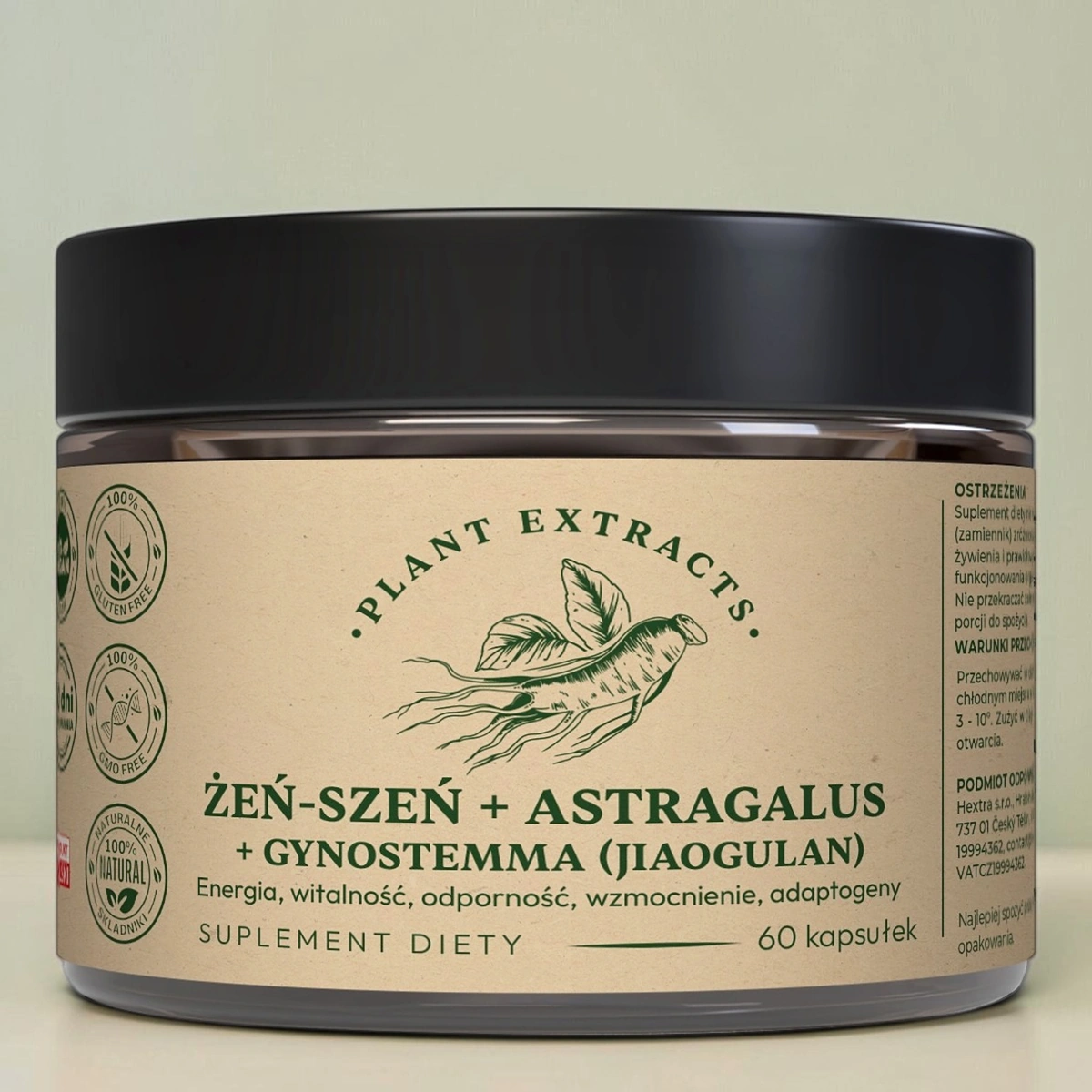 Żeń-szeń + Astragalus + Gynostemma, 60 kaps. wegańskie