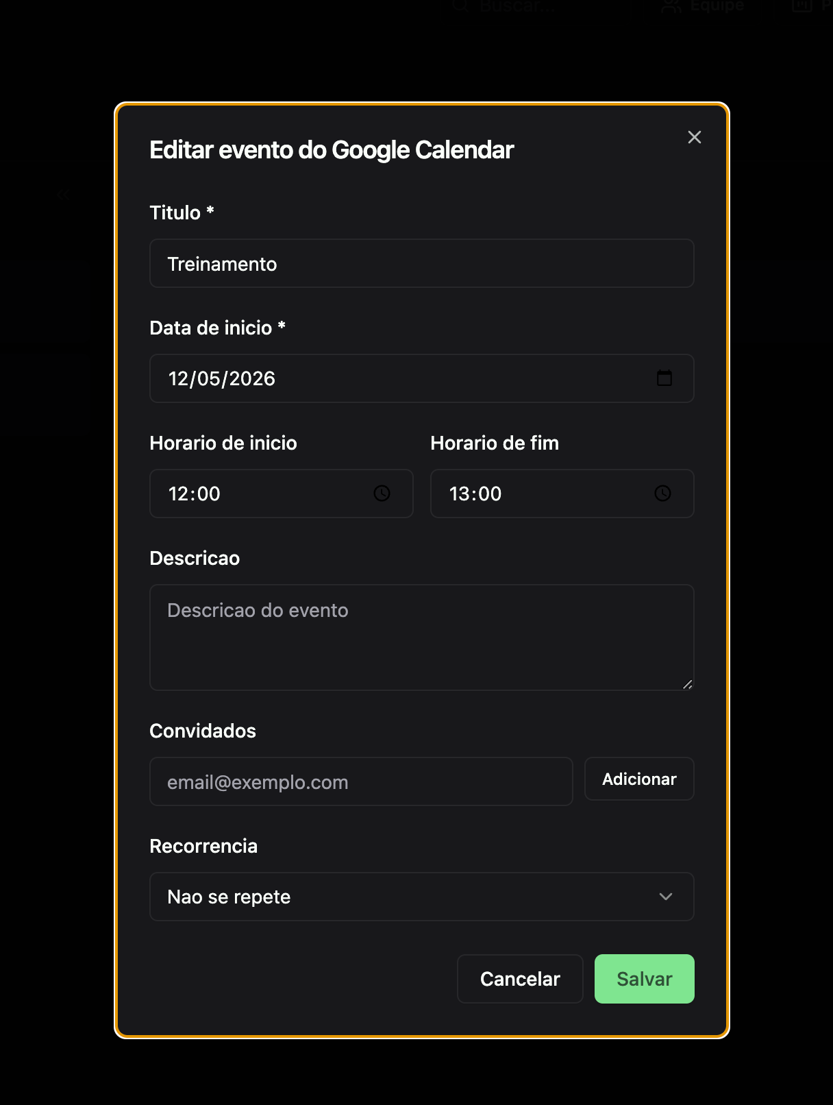 Gerenciamento de eventos e convidados do Google Calendar no Planko