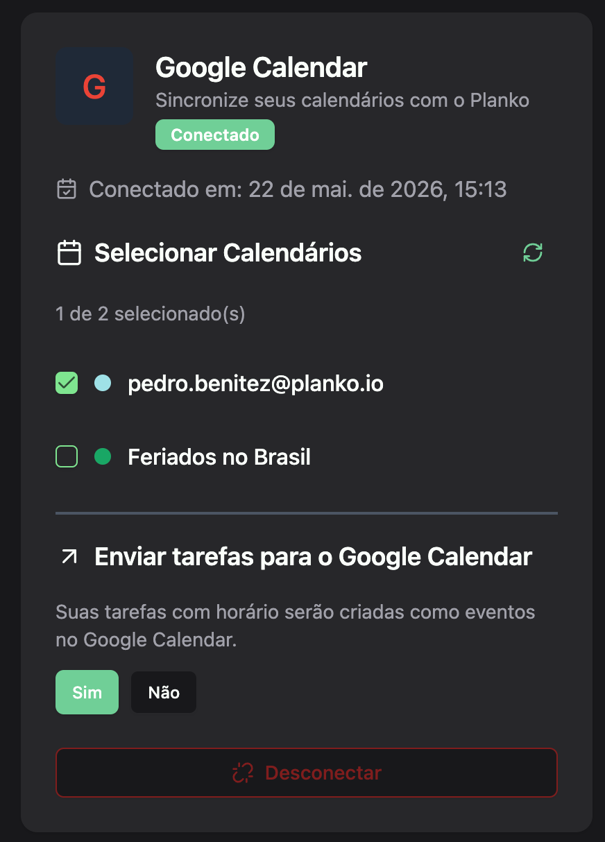 Checkbox para enviar tarefa ao Google Agenda na tela de edição de tarefa do Planko