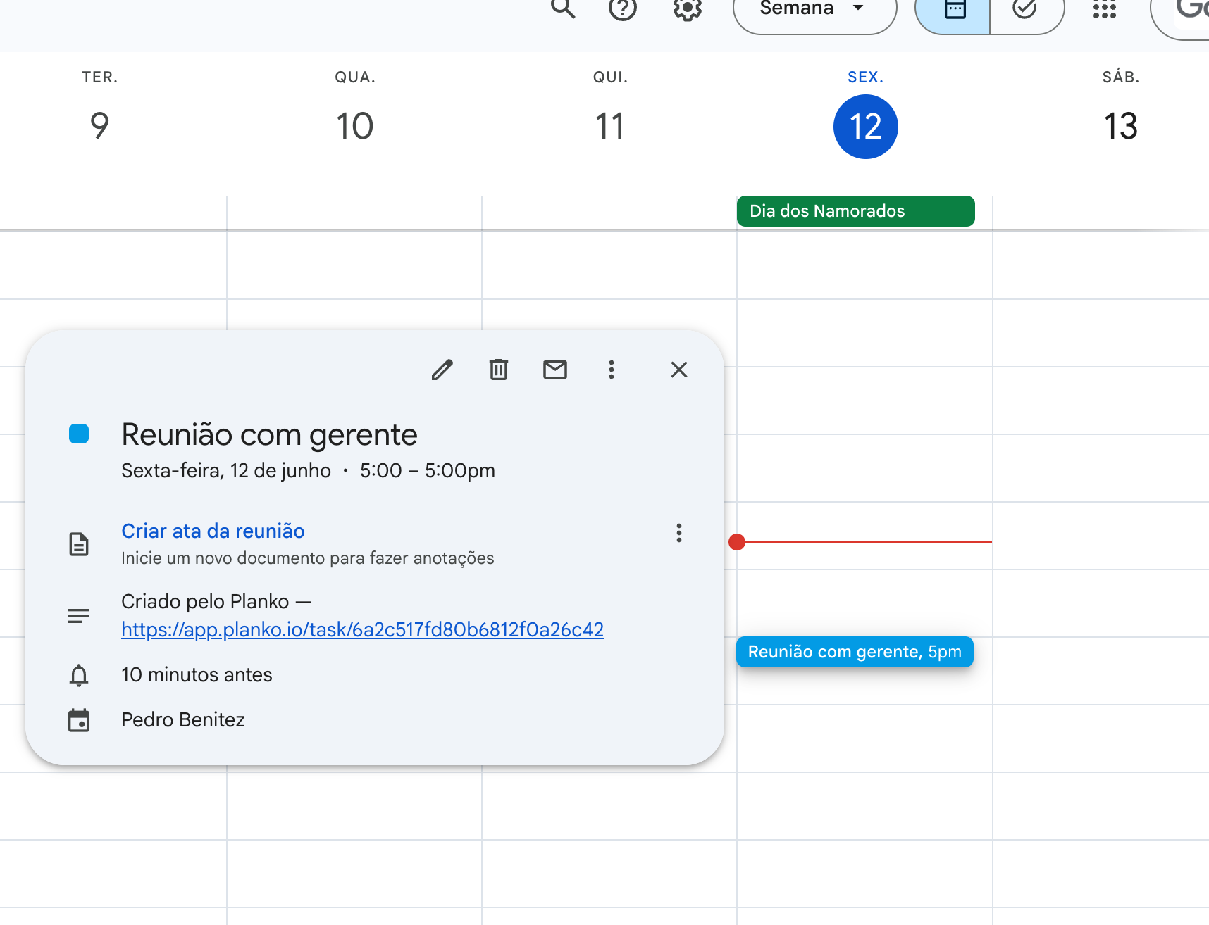 Configurações de sincronização de saída do Google Calendar no Planko