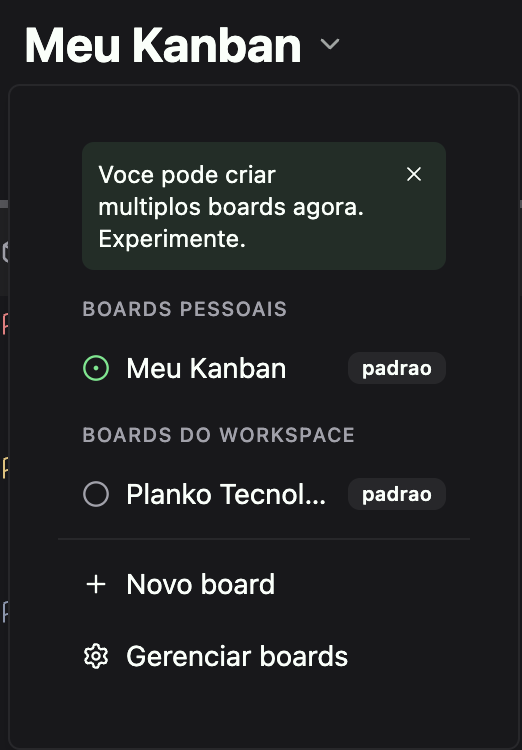 Múltiplos boards no Kanban do Planko