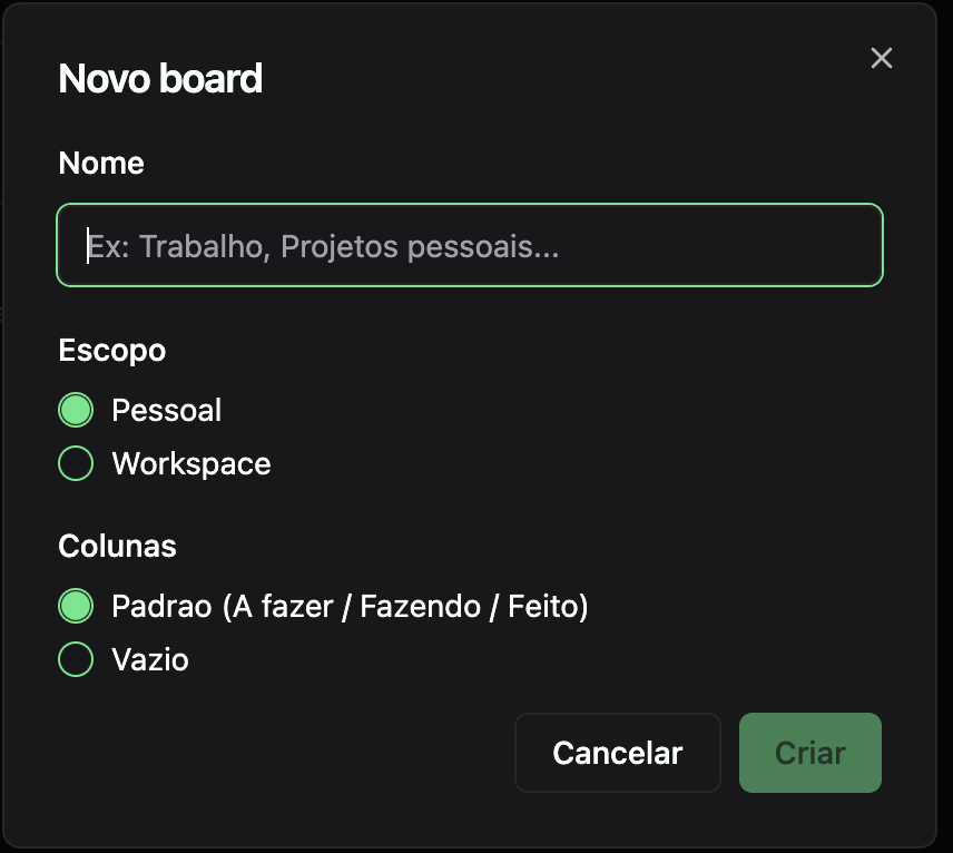 Criação de novo board no Kanban do Planko