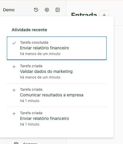 Registro de Atividades no Planko - painel flutuante com histórico de criações, conclusões e delegações de tarefas